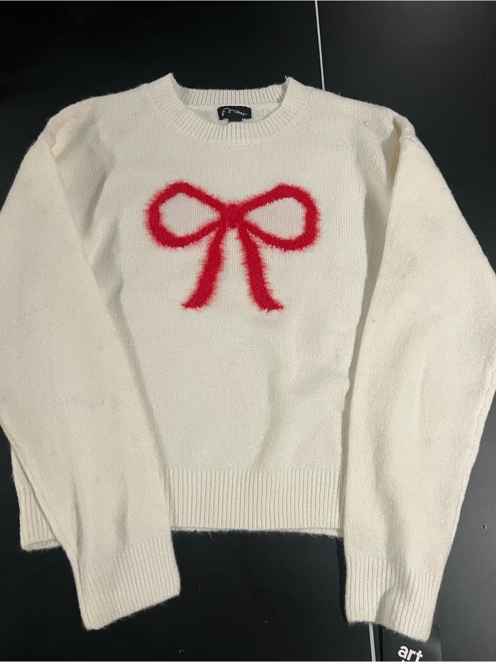 art class Cream Sweater with Red Bow Graphic